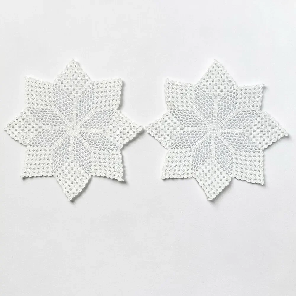 Vintage Hand Crocheted Doilies Set 2 White Table Topper Openwork Star Snowflake